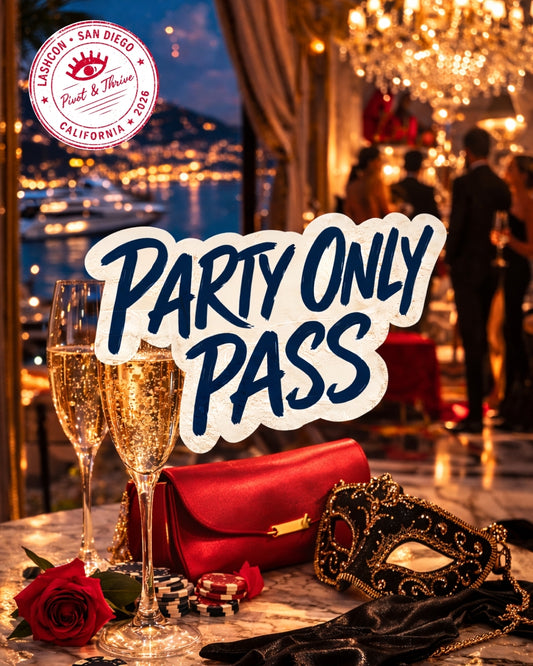 Party Only Pass sign with two champagne flutes, red rose, masquerade mask, and red clutch against a blurred elegant party.
