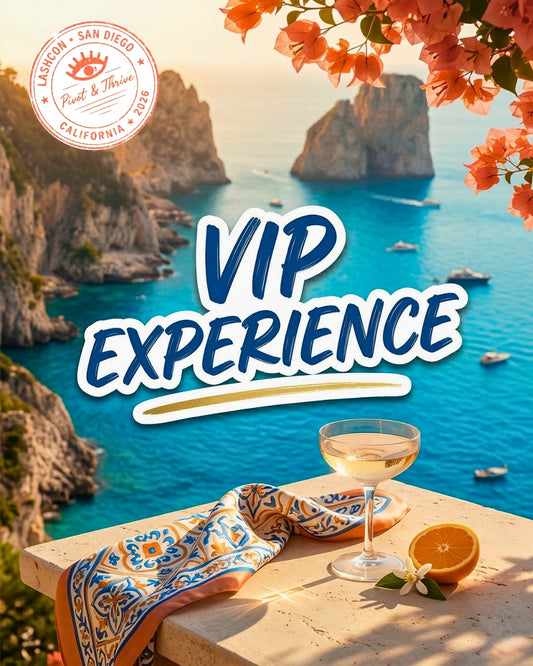 Scenic coastal view with rocky cliffs, vibrant flowers, VIP Experience text, and a cocktail glass on patterned cloth.