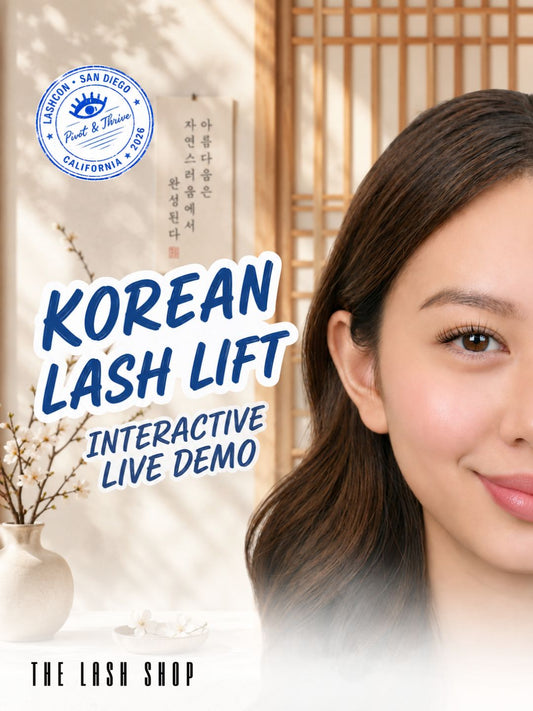 Promotional graphic for a Korean Lash Lift Interactive Live Demo featuring a model with lifted lashes in a Korean-inspired setting. The design includes a LashCon San Diego 2026 event stamp and text highlighting an interactive live demonstration presented by The Lash Shop.