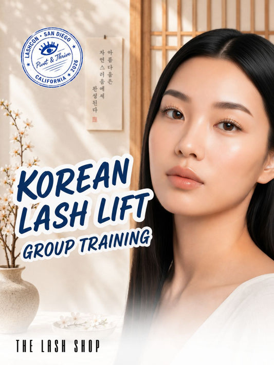 Promotional graphic for Korean Lash Lift Group Training featuring a model with lifted lashes in a Korean-inspired setting. The design includes a LashCon San Diego 2026 event stamp and highlights professional group training presented by The Lash Shop.